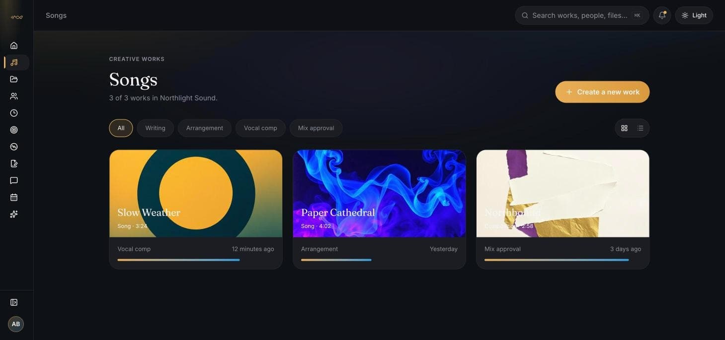 Music Vault Songs page showing three creative works with status and progress